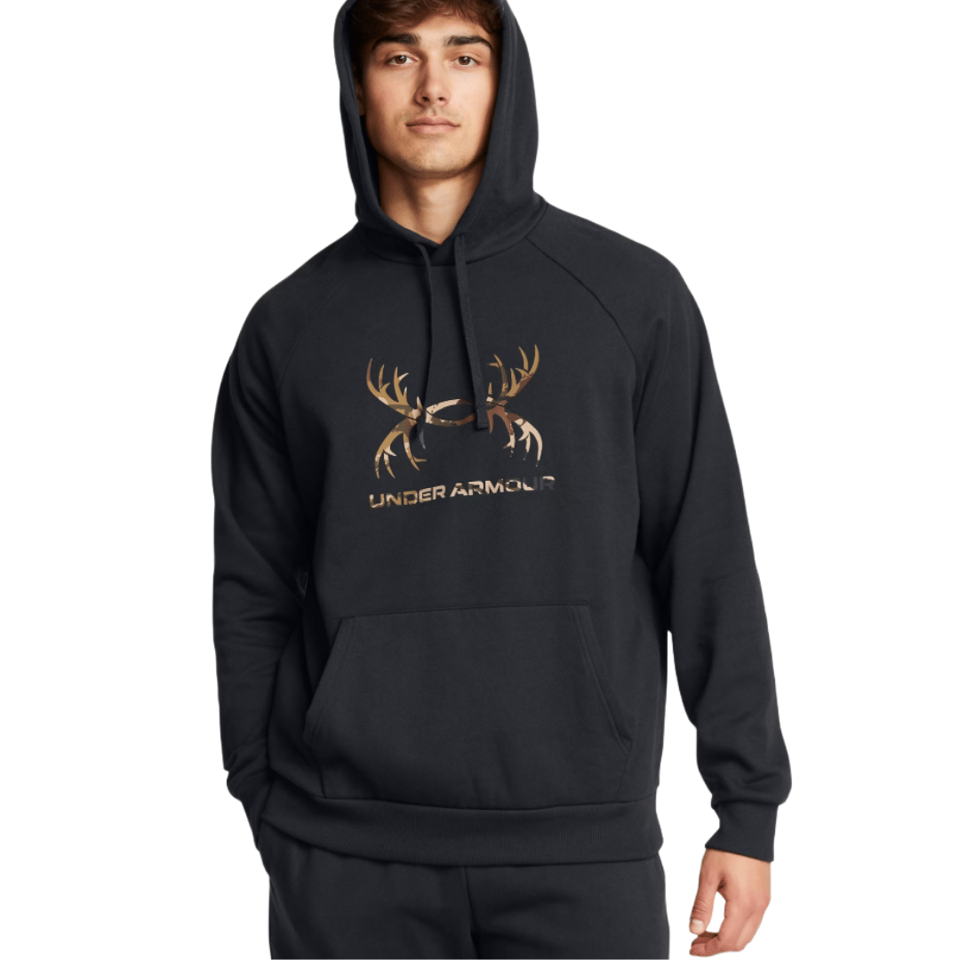 A black Under Armour hoodie featuring a camo antler logo and a front kangaroo pocket.