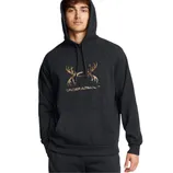 A black Under Armour hoodie featuring a camo antler logo and a front kangaroo pocket.