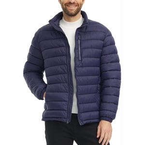 Men's dark blue puffer jacket featuring a front zipper closure, two side pockets, and two additional chest pockets. The jacket has a high collar and quilted design for a classic, insulated look.