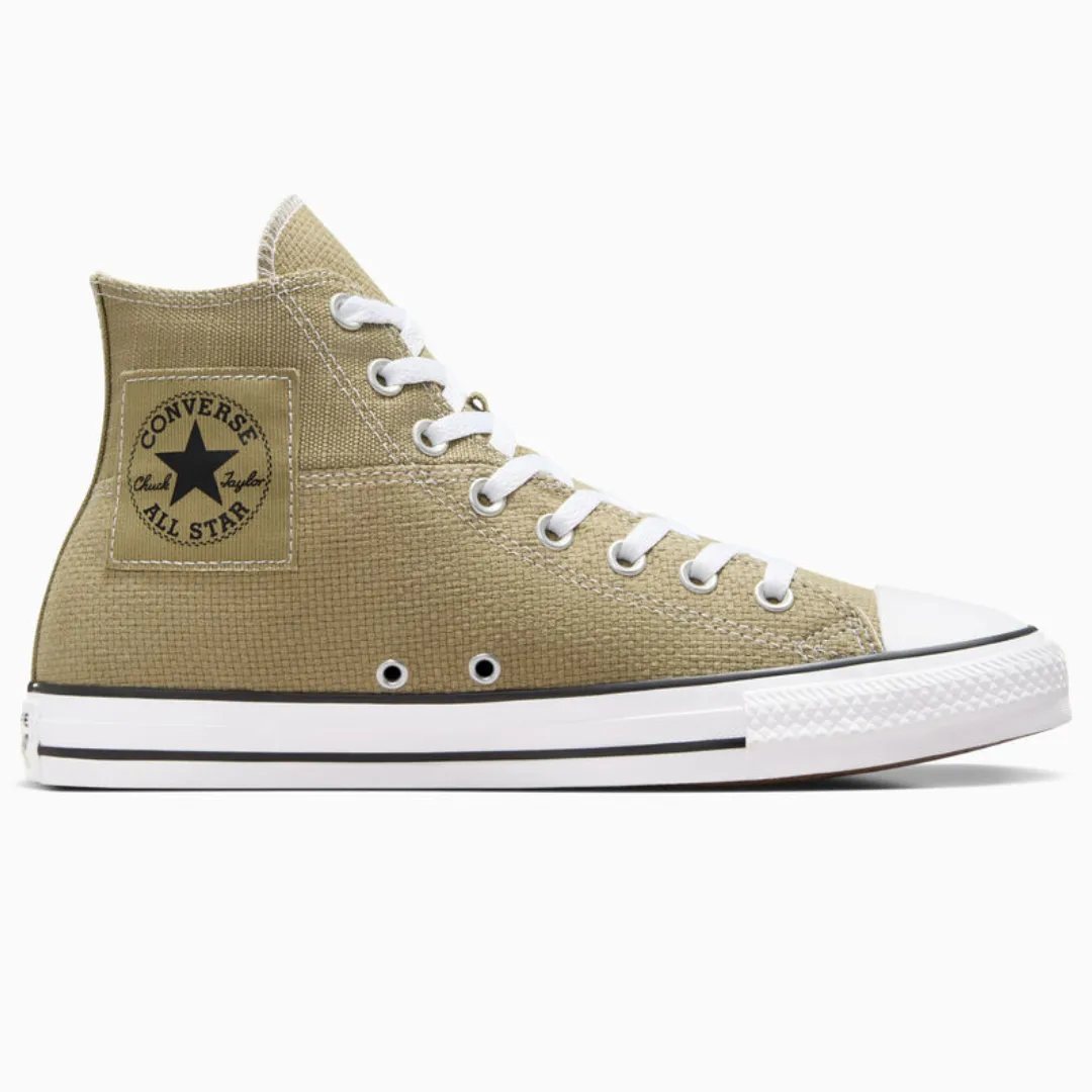 A high-top, olive green canvas sneaker with a white toe cap, laces, and rubber sole.