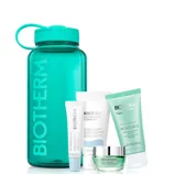 Biotherm set includes a turquoise water bottle, Aquasource Hyalu Plump Gel, Biosource purifying foam cleanser, Lait Corporel moisturizing body milk, and a lip balm.