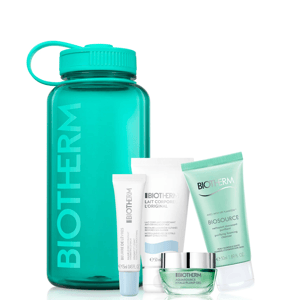 Biotherm set includes a turquoise water bottle, Aquasource Hyalu Plump Gel, Biosource purifying foam cleanser, Lait Corporel moisturizing body milk, and a lip balm.