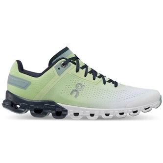 On Running Women's Cloudflow 3 Shoes feature a sleek design with a gradient color from light green to white, visible cushioning pods on a dark sole, and a lace-up closure for comfort and support.