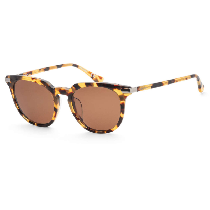 These sunglasses have a tortoiseshell pattern on their square frame with a slight cat-eye shape, and they are equipped with brown lenses.