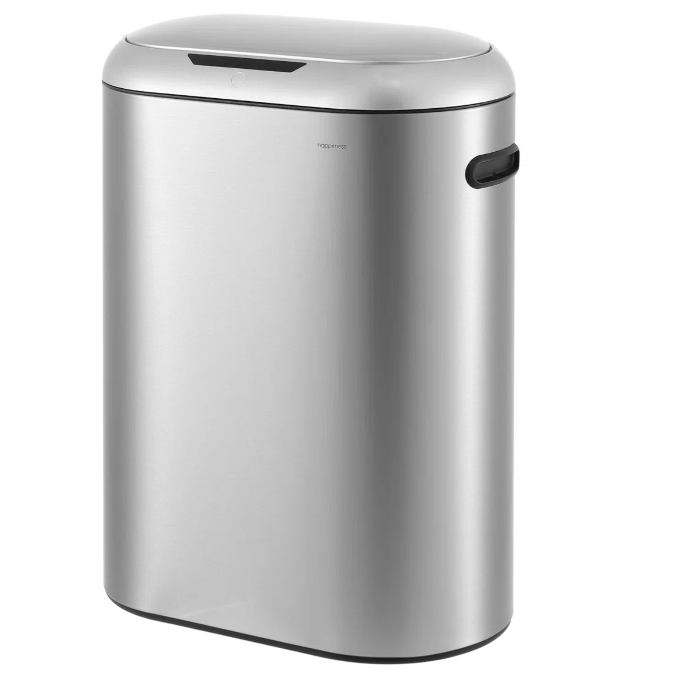 A sleek, stainless steel trash can with a sensor-operated lid and built-in side handles for easy movement.