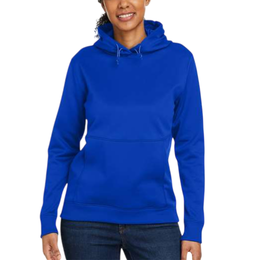 A woman wearing a royal blue hoodie featuring a front pocket and drawstring hood, paired with dark jeans.