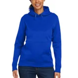 A woman wearing a royal blue hoodie featuring a front pocket and drawstring hood, paired with dark jeans.