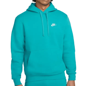 A turquoise Nike hoodie with a white logo on the chest, featuring a drawstring hood and a front pocket.