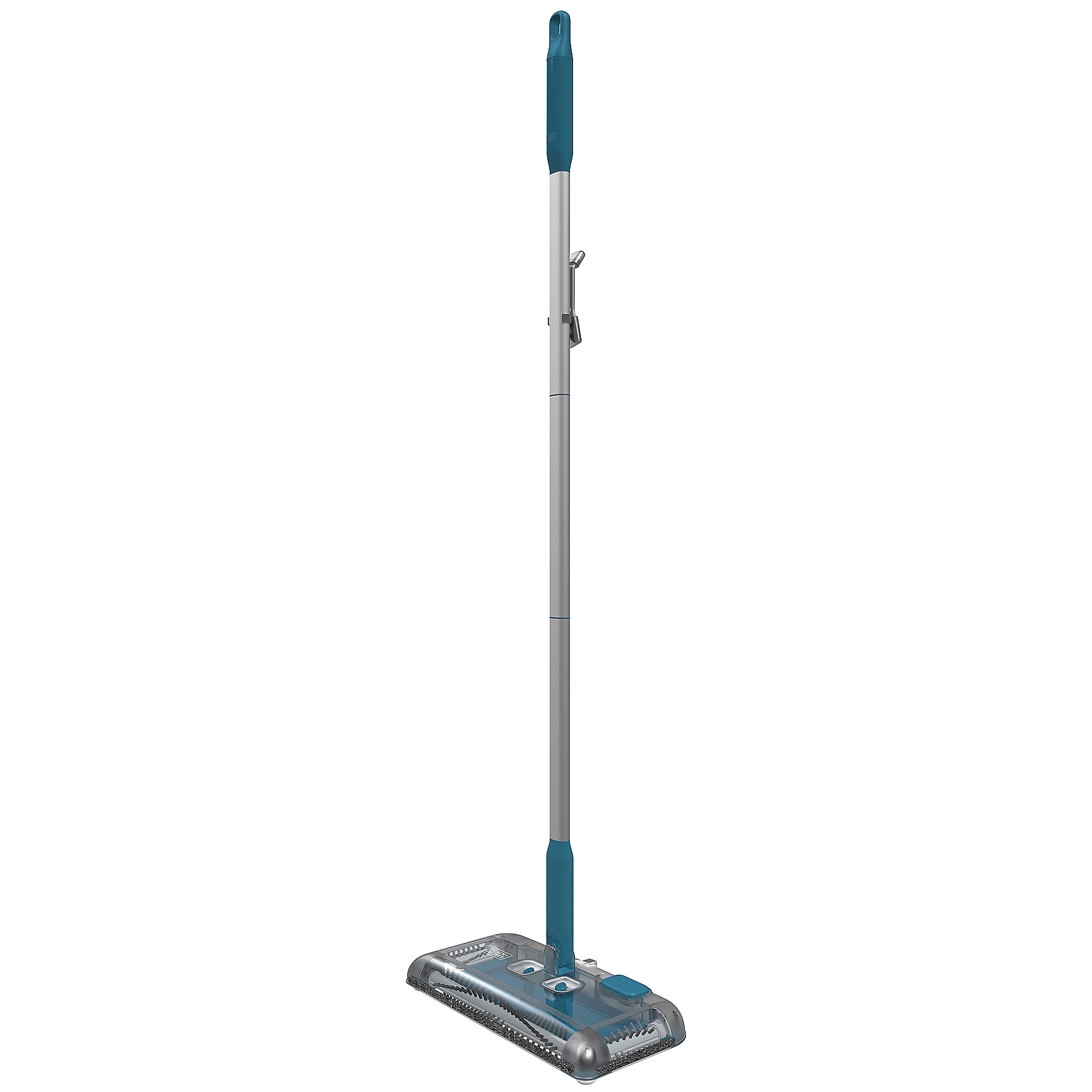 A cordless, upright electric floor sweeper with a long handle and a rectangular cleaning head with side wheels.