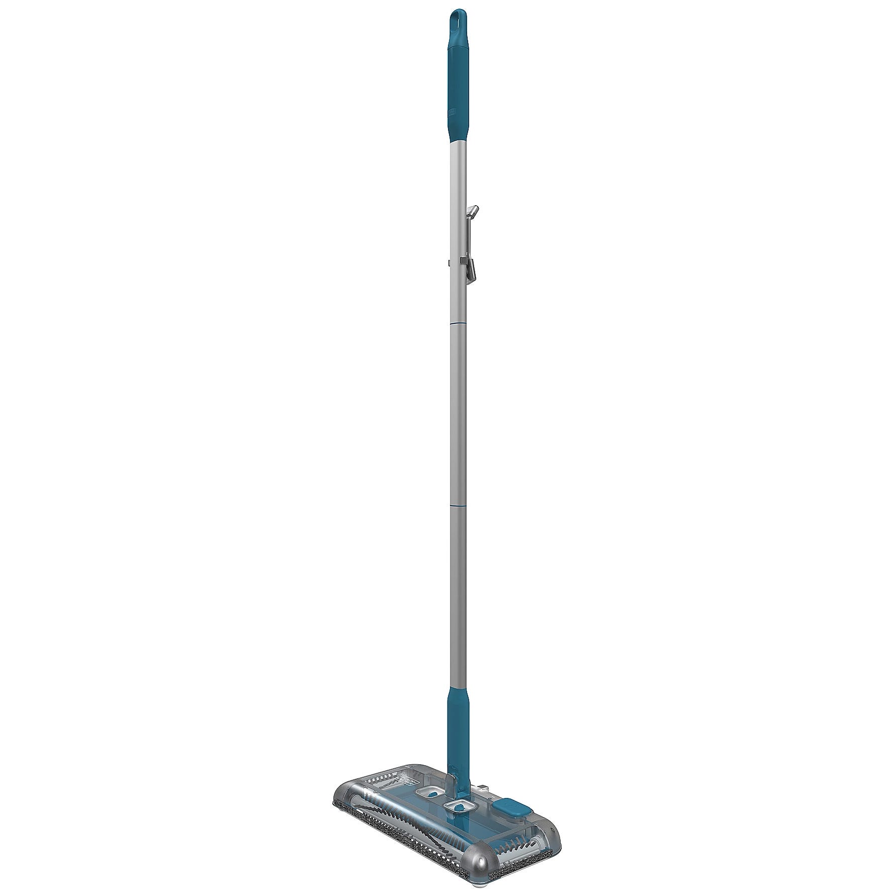A cordless, upright electric floor sweeper with a long handle and a rectangular cleaning head with side wheels.