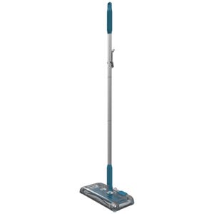 A cordless, upright electric floor sweeper with a long handle and a rectangular cleaning head with side wheels.