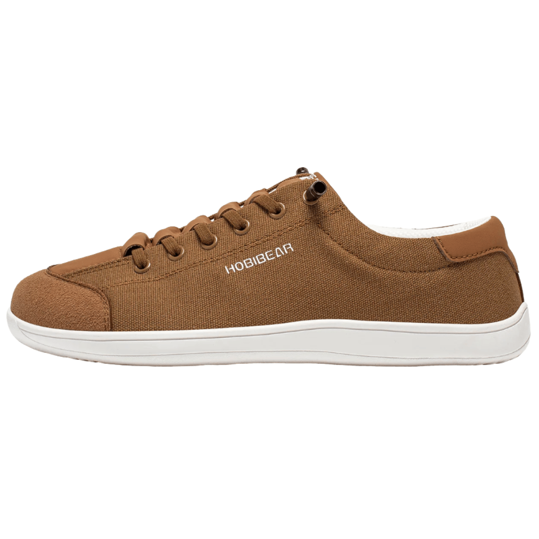 Brown canvas sneaker with white rubber sole, featuring the brand \“HOBIBEAR\“ on the side.
