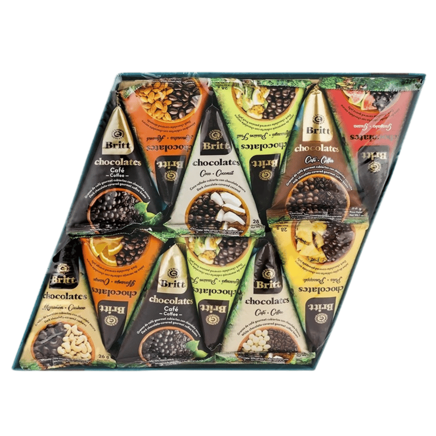 A variety pack of Britt chocolates with different flavors, including coffee, coconut, guava, orange, and cashew, each wrapped in colorful triangular packaging.