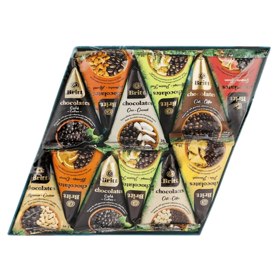 A variety pack of Britt chocolates with different flavors, including coffee, coconut, guava, orange, and cashew, each wrapped in colorful triangular packaging.