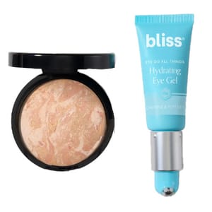 A compact with marble-patterned powder and a blue tube of Bliss Hydrating Eye Gel.