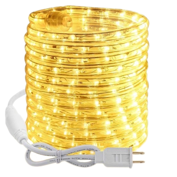 48' warm white LED rope lights with a clear, flexible tube, featuring a plug and power cord for easy connectivity, providing a cozy and decorative lighting solution.