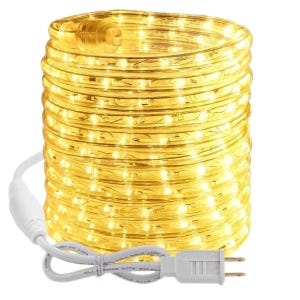 48' warm white LED rope lights with a clear, flexible tube, featuring a plug and power cord for easy connectivity, providing a cozy and decorative lighting solution.