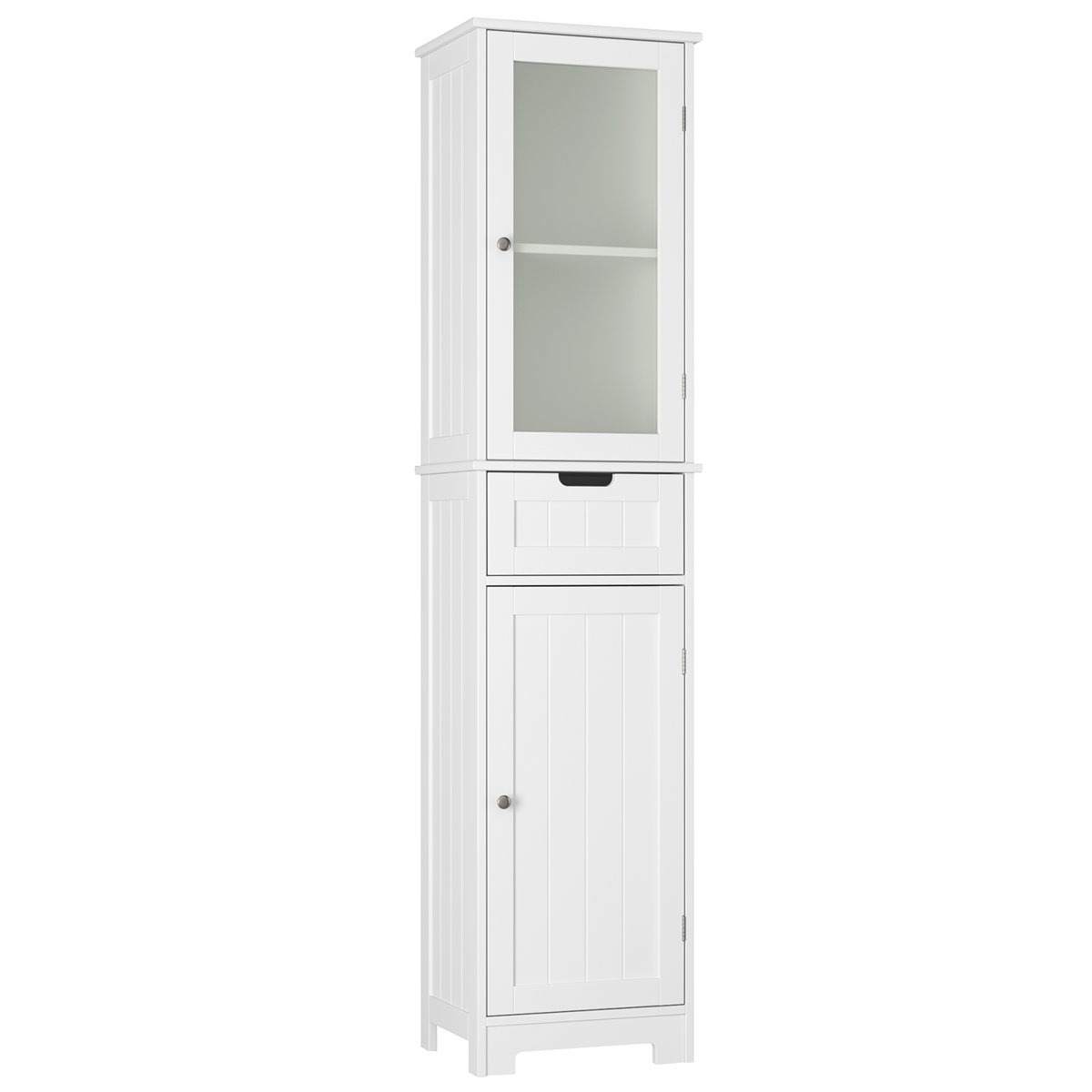 Tall white cabinet with three sections: a frosted glass door atop a shelf, a middle drawer, and a lower solid door.