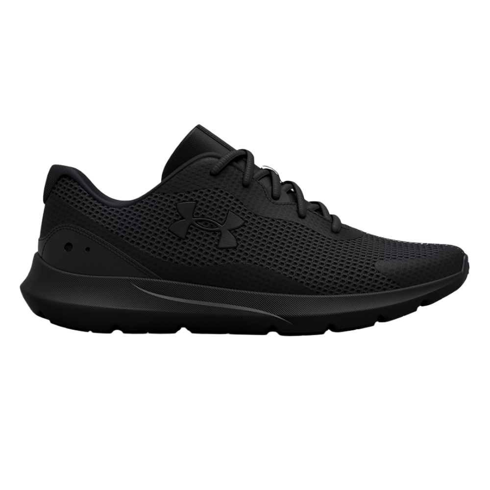 A black athletic shoe with a mesh upper and lace closure, featuring the Under Armour logo on the side.