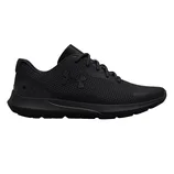 A black athletic shoe with a mesh upper and lace closure, featuring the Under Armour logo on the side.