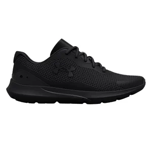 A black athletic shoe with a mesh upper and lace closure, featuring the Under Armour logo on the side.