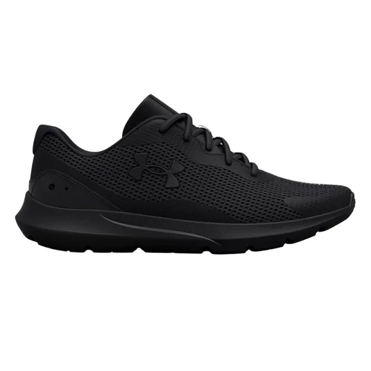 A black athletic shoe with a mesh upper and lace closure, featuring the Under Armour logo on the side.