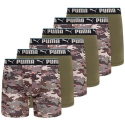 6-pack of Puma boxer briefs includes three with camouflage patterns and three in solid olive, each featuring a black waistband with the Puma logo.