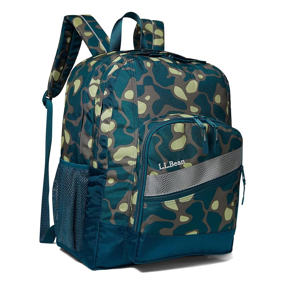 A camouflage-patterned L.L.Bean backpack with multiple compartments and side mesh pockets.