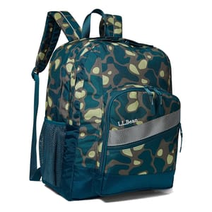 A camouflage-patterned L.L.Bean backpack with multiple compartments and side mesh pockets.