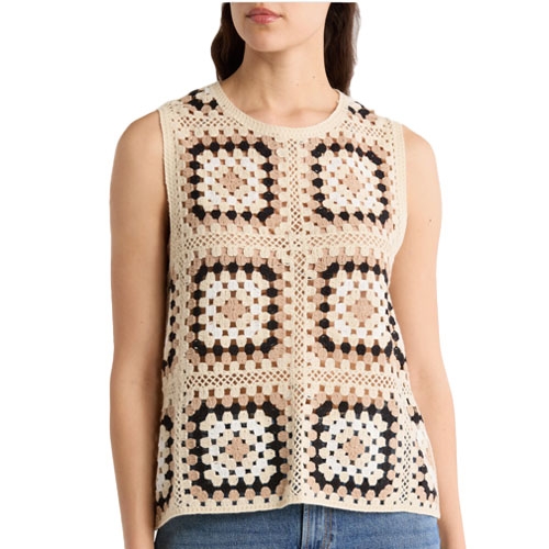 Sleeveless crochet top featuring a checkered pattern with beige, black, and brown squares.