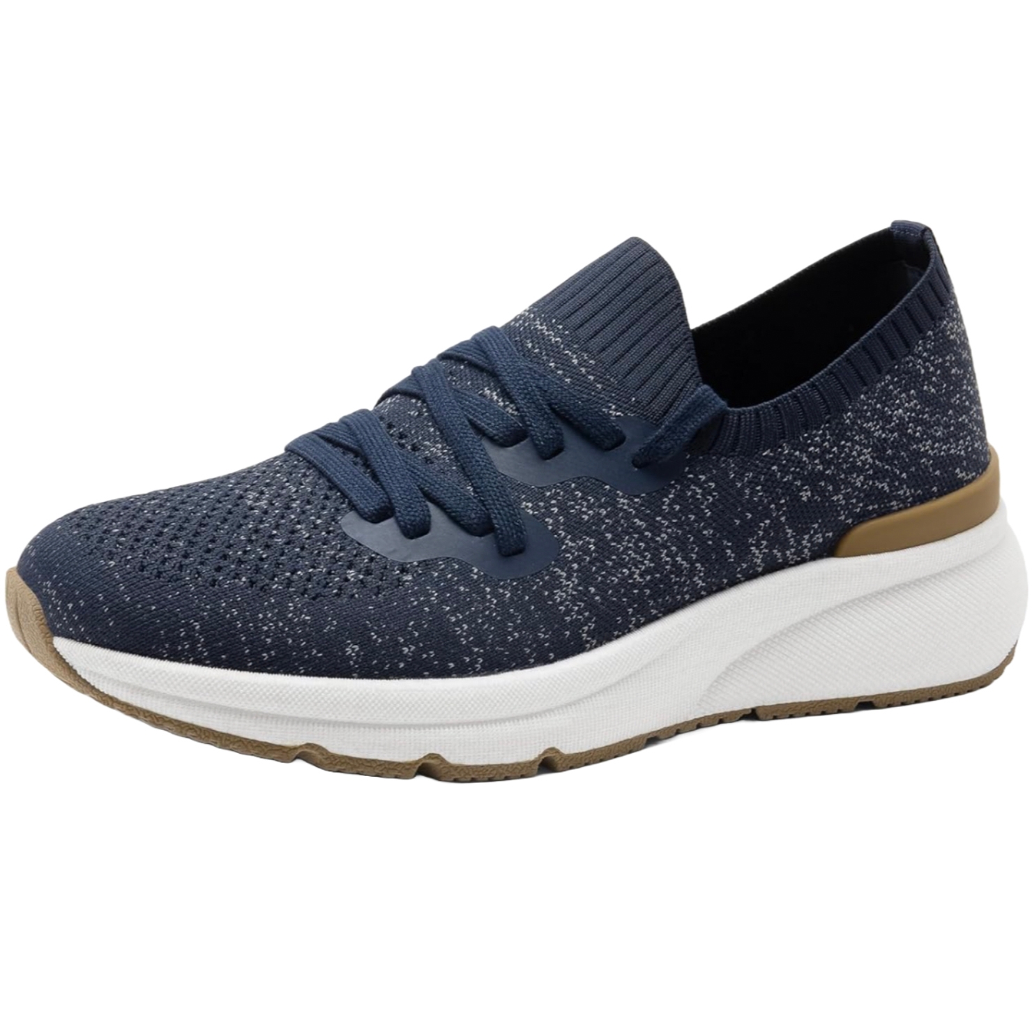 Navy blue slip-on sneakers with a knitted texture and lace ties, featuring a thick white sole and brown accents on the heel.