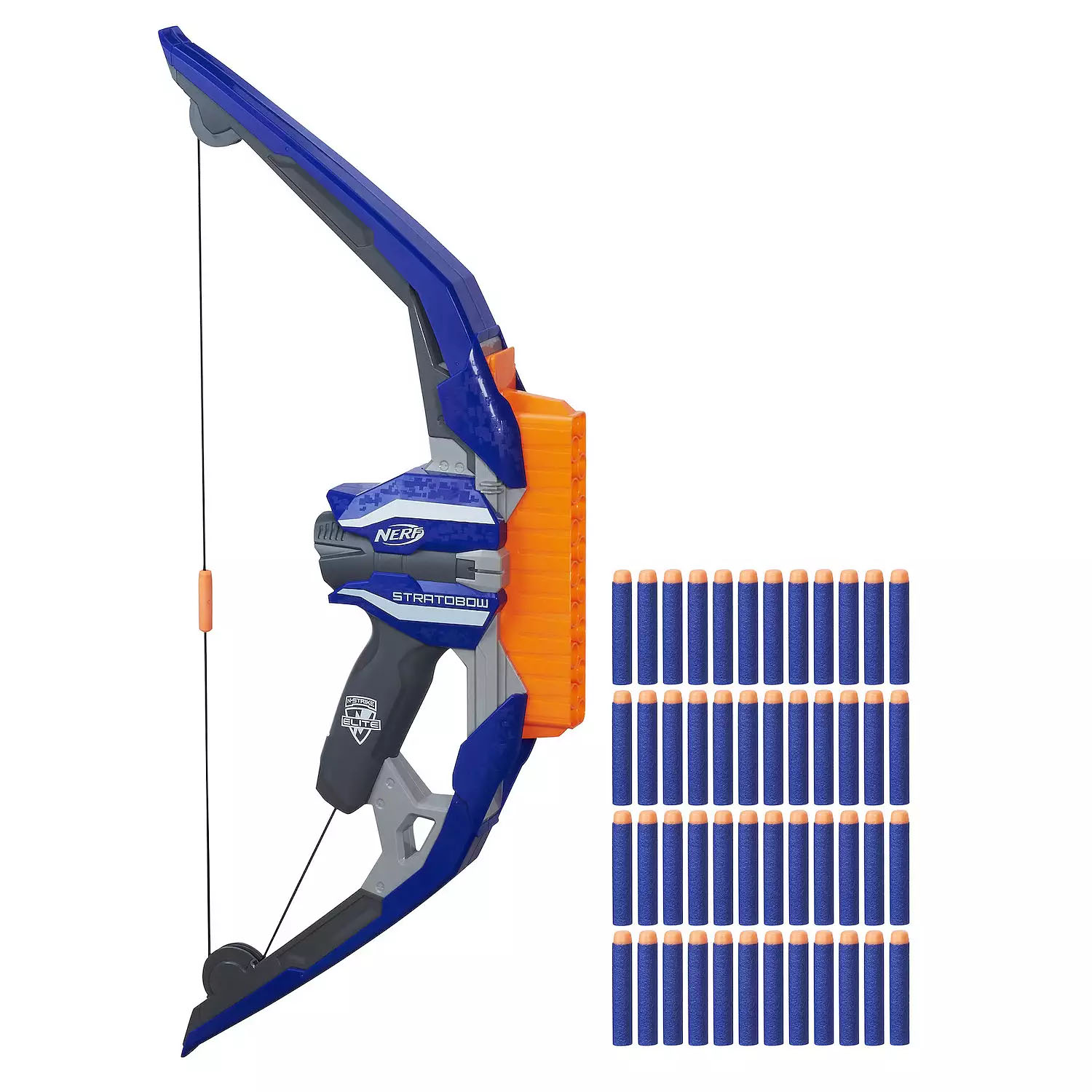 The Nerf N-Strike Stratobow is a blue and orange toy bow with a string and a front-loading dart drum, accompanied by 48 blue foam darts with orange tips.