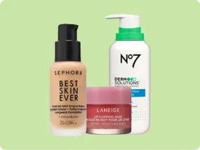 Sephora Best Skin Ever foundation, Laneige Lip Sleeping Mask in Berry, No7 Derm Solutions blemish cleanser.