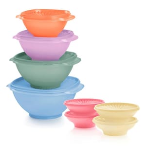 Stacked plastic bowls with lids in various colors, including orange, purple, green, blue, pink, and yellow.