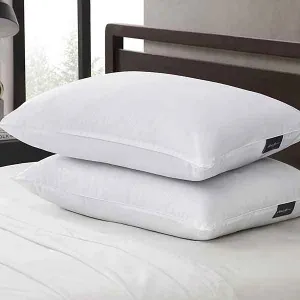A pair of white Eddie Bauer jumbo pillows with a smooth finish, stacked on a bed. They feature a small black tag on the side, indicating brand details.