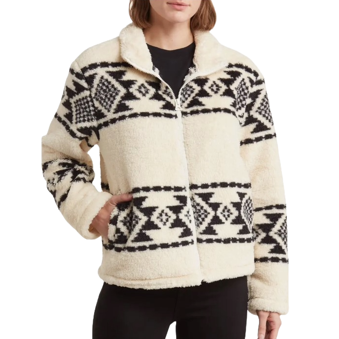 A women's faux fur zip jacket with a soft, cream-colored base featuring a black geometric print design. The jacket has a cozy collar, side pockets, and long sleeves, offering a warm and stylish look.
