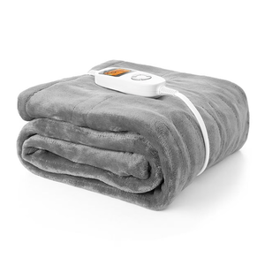 Gray electric blanket with a control unit attached, featuring a simple interface and temperature settings.