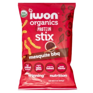 A bright red bag of IWON Organics Protein Stix in Mesquite BBQ flavor, highlighting its organic and non-GMO ingredients with a net weight of 5 oz (143g).