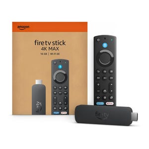 Amazon Fire TV Stick 4K Max with 16 GB storage and Wi-Fi 6E, includes a remote with voice control and service buttons for Prime Video, Netflix, and more.