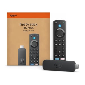 Amazon Fire TV Stick 4K Max with 16 GB storage and Wi-Fi 6E, includes a remote with voice control and service buttons for Prime Video, Netflix, and more.
