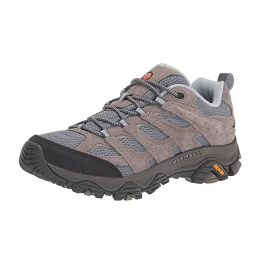 A gray Merrell hiking shoe with a protective toe cap and Vibram outsole.