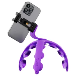 A purple phone mount with adjustable grips secures a smartphone, featuring flexible legs with suction cups for versatile positioning.