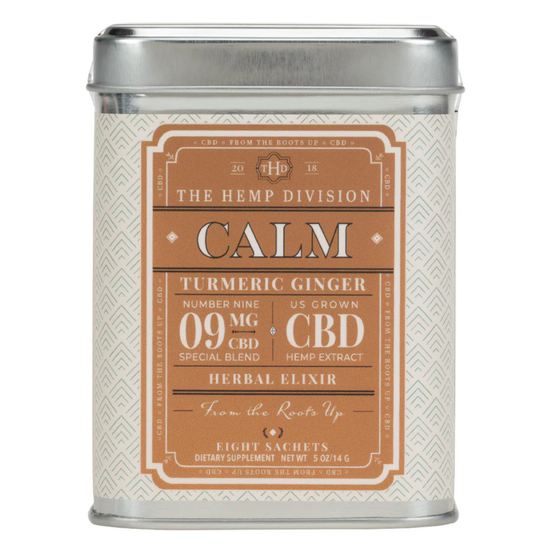 The Hemp Division Calm Turmeric Ginger herbal elixir contains 9mg of CBD per sachet, featuring a special blend of U.S. grown hemp extract. The tin includes eight sachets and weighs 0.5 oz (14g).
