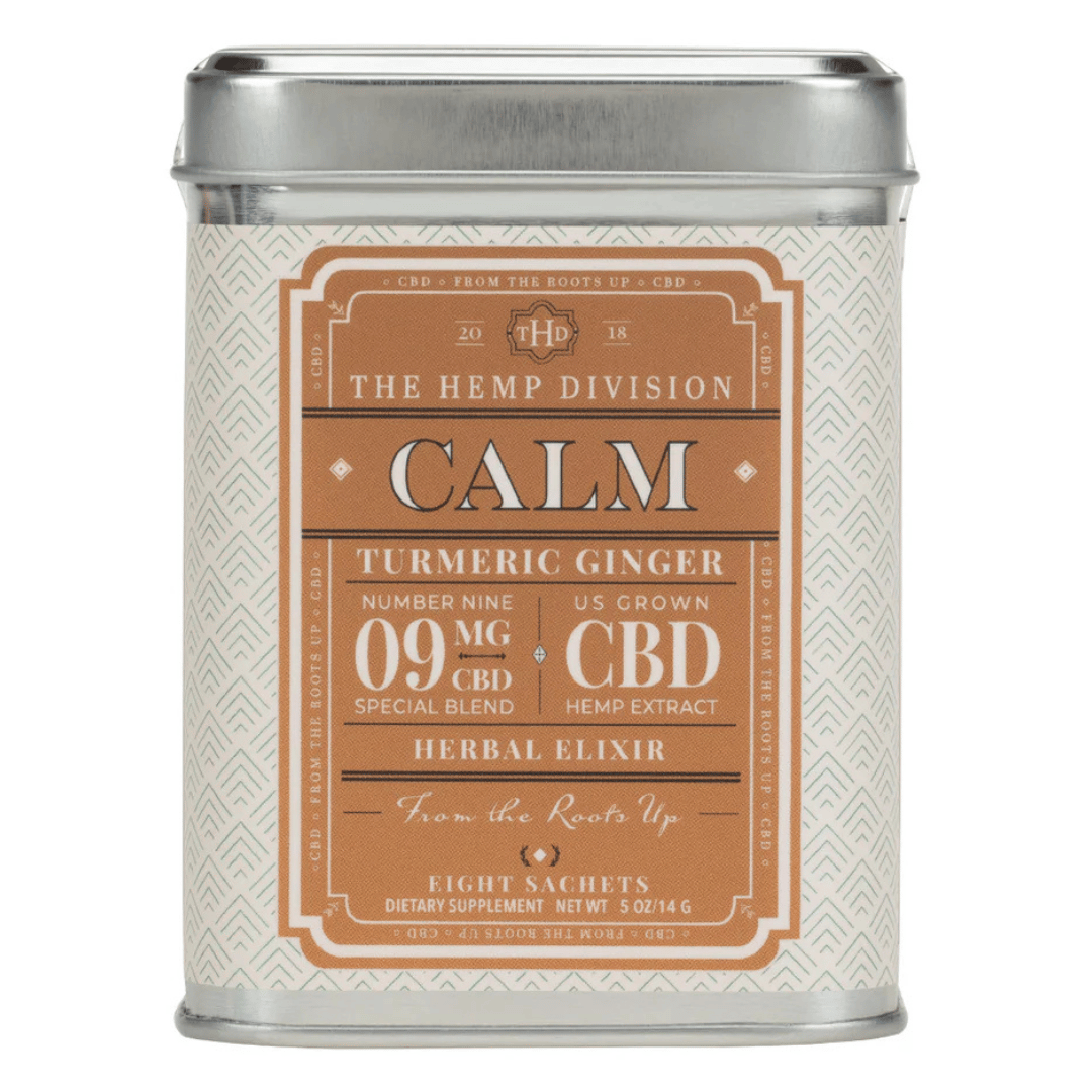 The Hemp Division Calm Turmeric Ginger herbal elixir contains 9mg of CBD per sachet, featuring a special blend of U.S. grown hemp extract. The tin includes eight sachets and weighs 0.5 oz (14g).