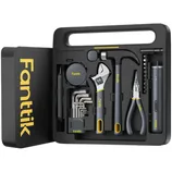 A Fanttik tool set featuring a hammer, adjustable wrench, pliers, tape measure, Allen keys, screwdriver bits, and an electric screwdriver, all neatly organized in a black case with gray and yellow accents.