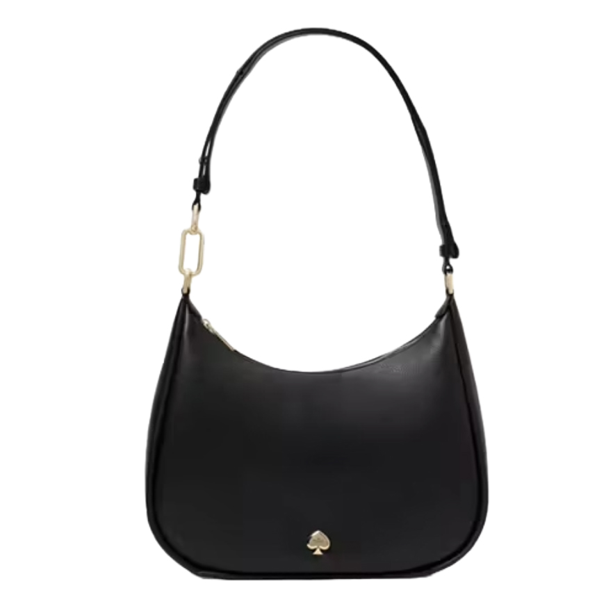 Black Kate Spade Kayla Shoulder Bag with a curved shape, single strap, gold hardware, and spade emblem detail on the front.