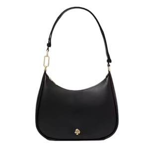 Black Kate Spade Kayla Shoulder Bag with a curved shape, single strap, gold hardware, and spade emblem detail on the front.