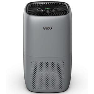 Yiou Large-Room Air Purifier is a sleek, cylindrical air purifier designed for large spaces, featuring a digital control panel on top for adjusting settings and air quality indicators.