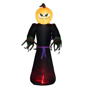 This is an inflatable Halloween decoration featuring a pumpkin-headed figure with a spooky, grinning face. It's dressed in a dark robe with tattered sleeves, making it look like a menacing character for themed displays.