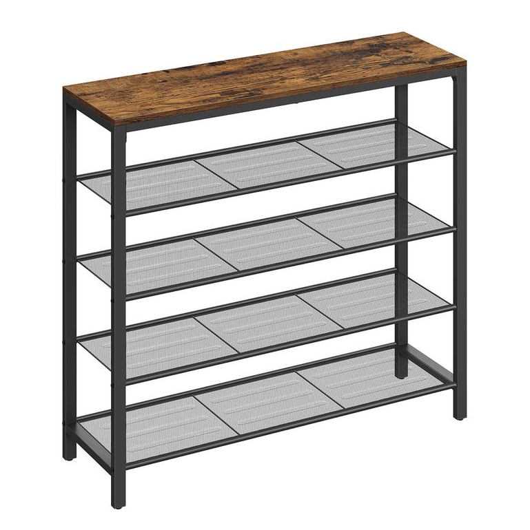 A five-tier metal and wood shoe rack with a rustic wooden top and mesh shelves.